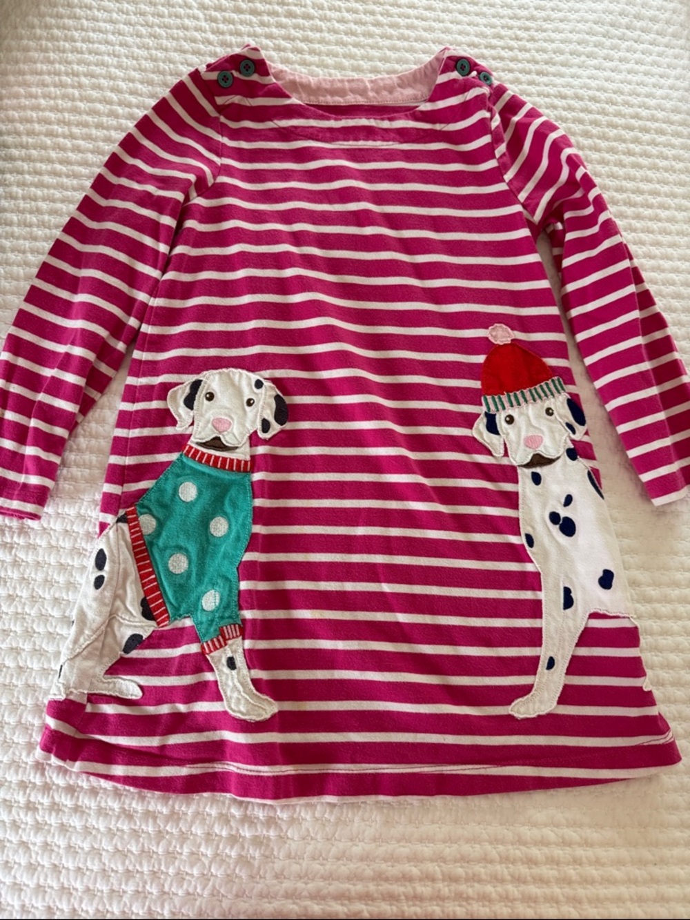 Mini Boden Pink and White Striped Dalmatian Appliqué Dress, size 4-5Y